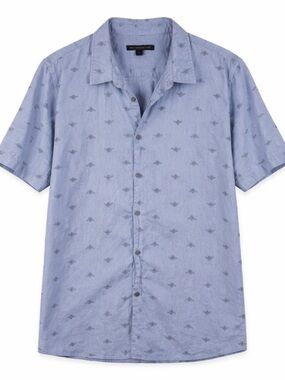 John Varvatos Bee Print Button Up Shirt Blue Short Sleeve Men XL Slim